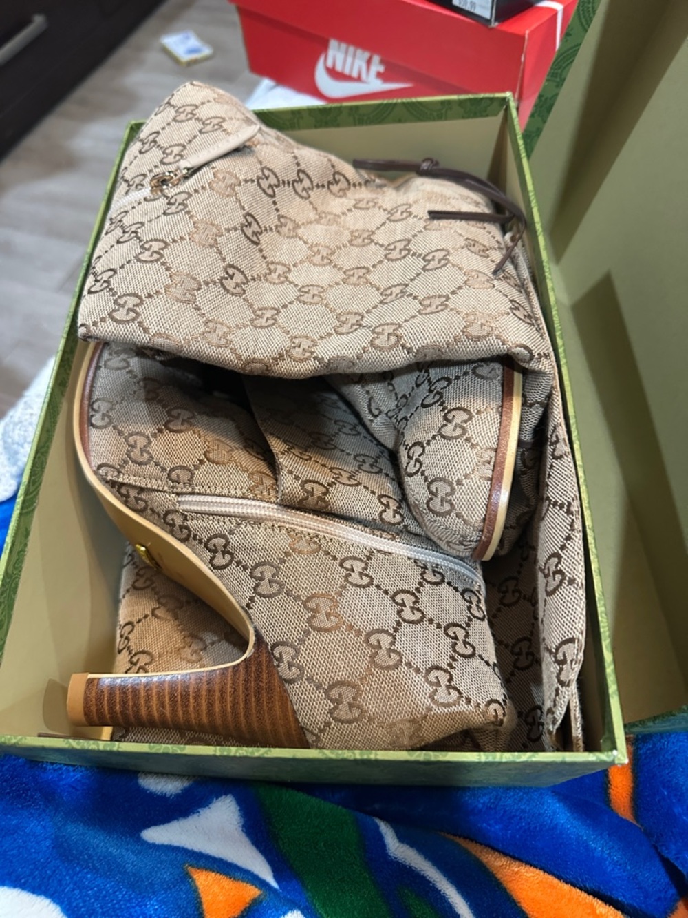 Gucci Beige GG Monogram Over-the-Knee Block Heel Boots - Picture 5 of 5